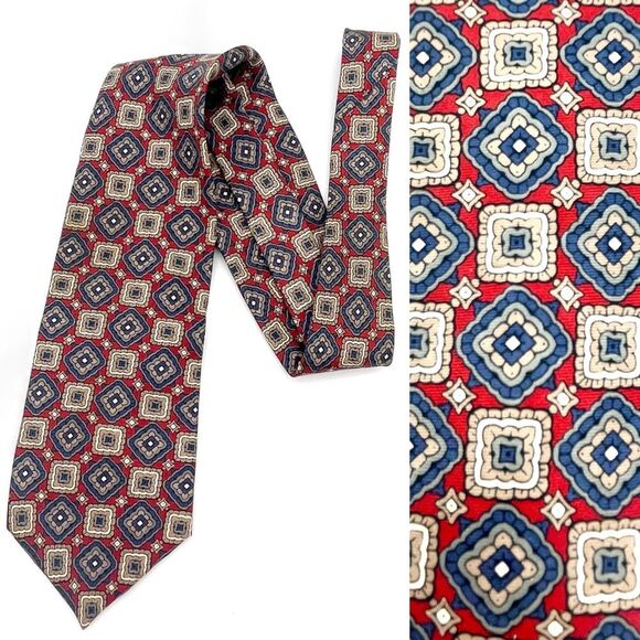 Vintage Balmain 100% Italian Silk Necktie Red Navy Tan Medallion Tile Print Tie - Picture 1 of 11